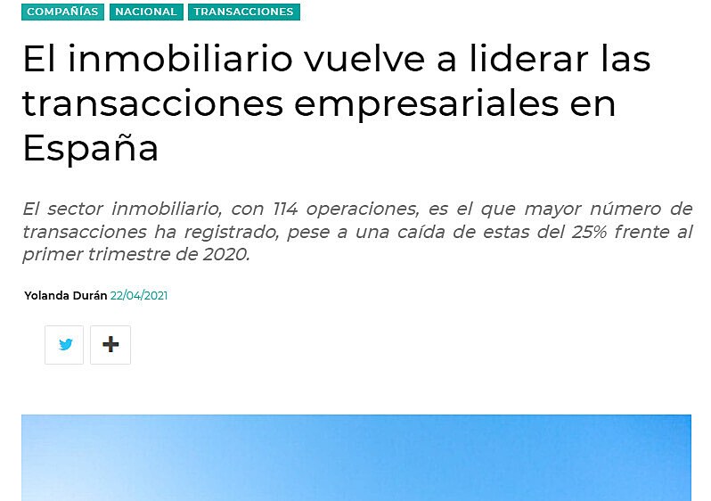 El inmobiliario vuelve a liderar las transacciones empresariales en Espaa